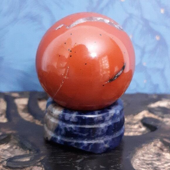 Curated Crystal Pair Red Jasper sphere ball with Sodalite base metaphysical set - Picture 3 of 11